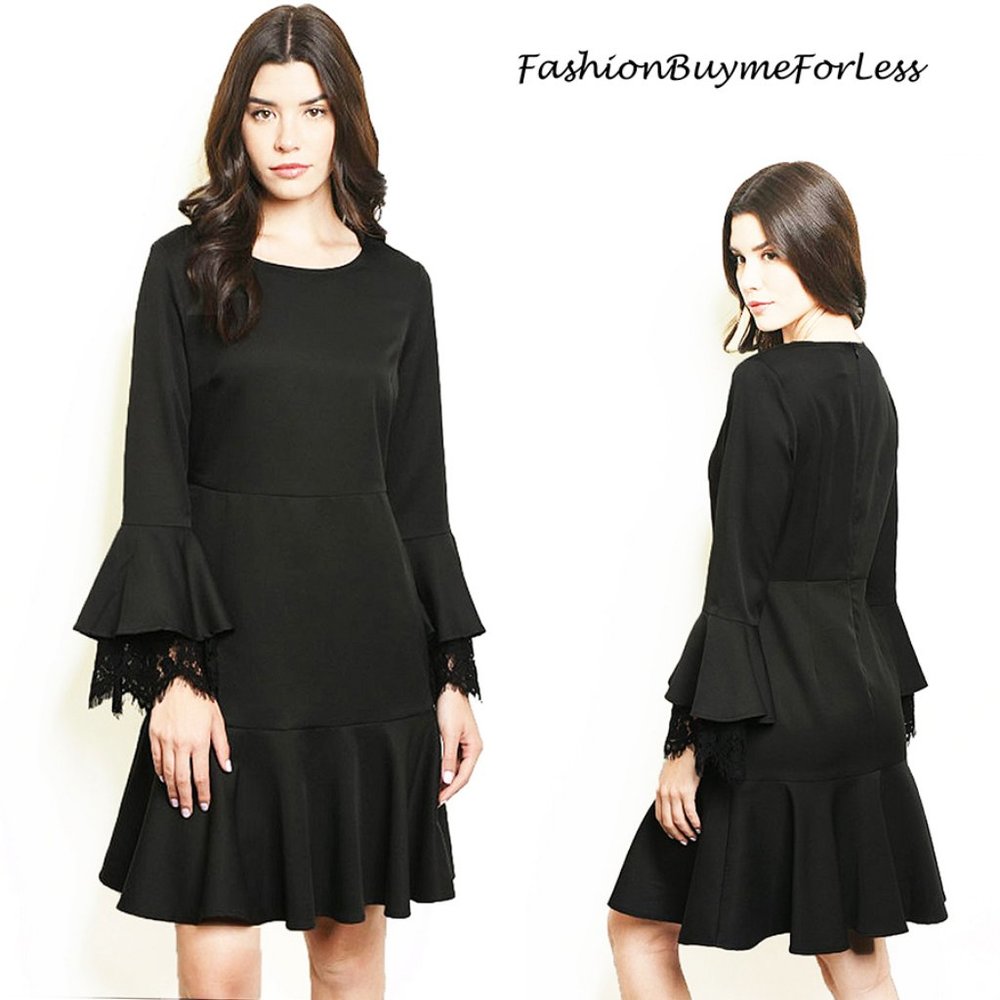 Gothic Steampunk Bell Sleeve Lace Ruffle Dress